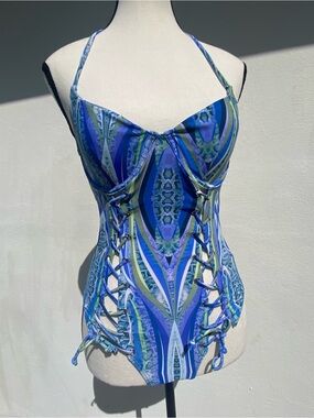 Ree Bees Blue Snake Print Lace zip One Piece Swimsuit Size Small